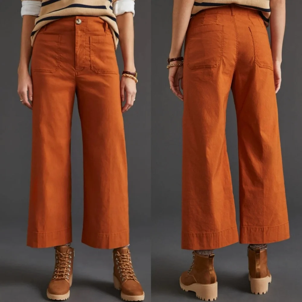 Anthropologie Maeve The Colette Linen Wide Leg Cropped Pants Orange